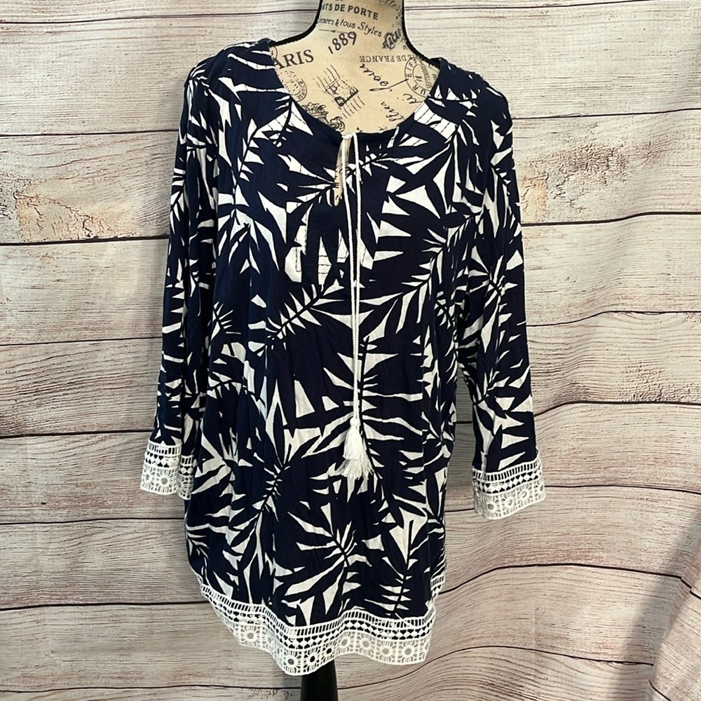 Talbots Tropical Top Lace Trim Navy Blue Size 2X